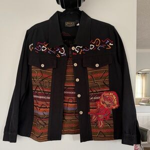 Julia Kim Embroidered Black Multicolor Art Jacket Boho Statement Jacket Size L